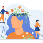 Tiny people and beautiful flower garden inside female head isolated flat vector illustration. Cartoon characters healing mind and soul for happy lifestyle. Mental health and infographics concept
