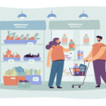 Cheerful customers shopping in supermarket with cart isolated flat vector illustration. Cartoon consumers choosing products, fruits and vegetables in grocery store. Retail and market concept
